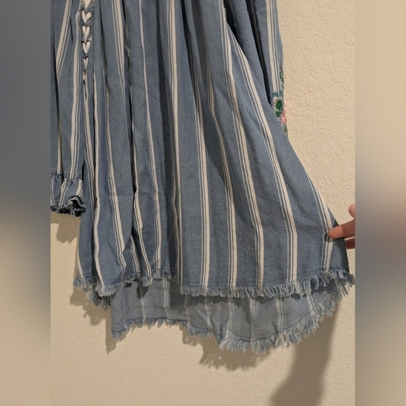 Ali Miles Blue Stripe Floral Embroidered Tie Detail 100% Tencel Tunic Bohemian - Picture 6 of 10